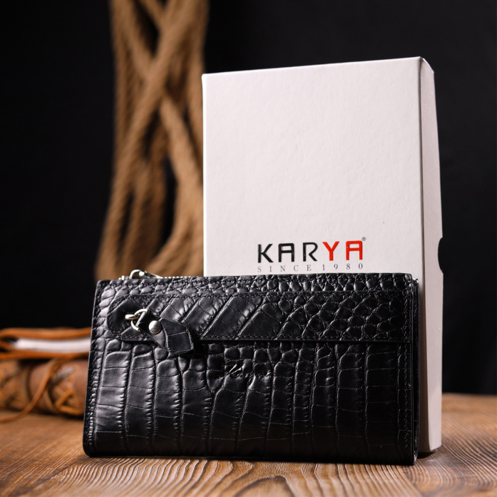 Жіночий гаманець на кнопці (блискавці) з натуральної шкіри чорний Karya