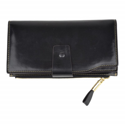 Жіночий гаманець на кнопці, на блискавці з натуральної шкіри чорний