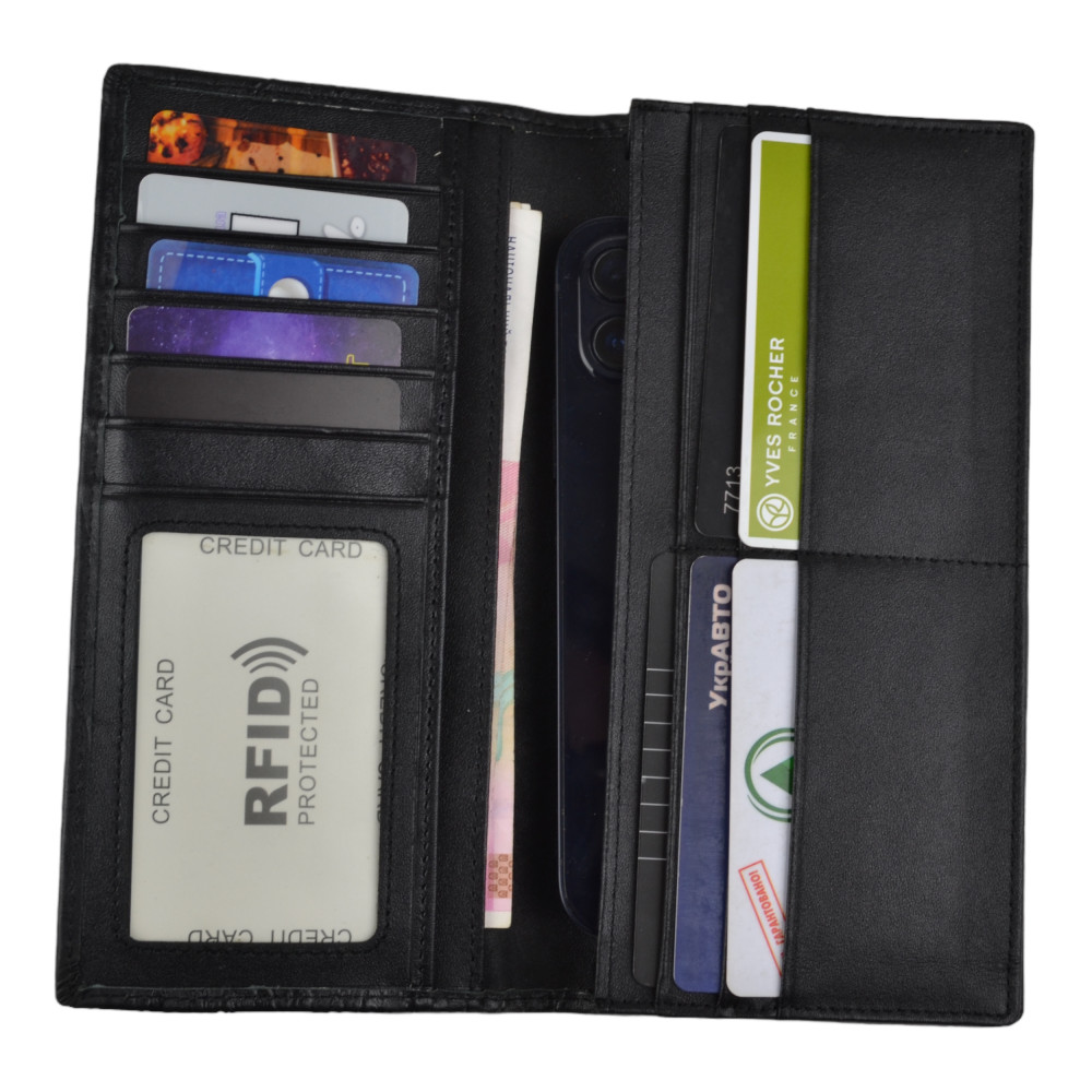 Мужской кошелек без застежки из натуральной кожи черный