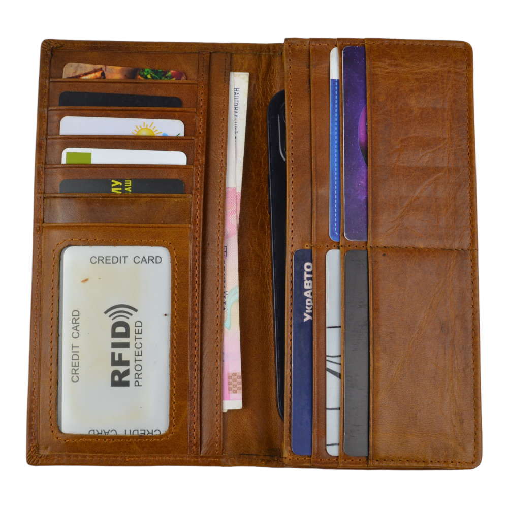 Мужской кошелек без застежки из натуральной кожи рыжий