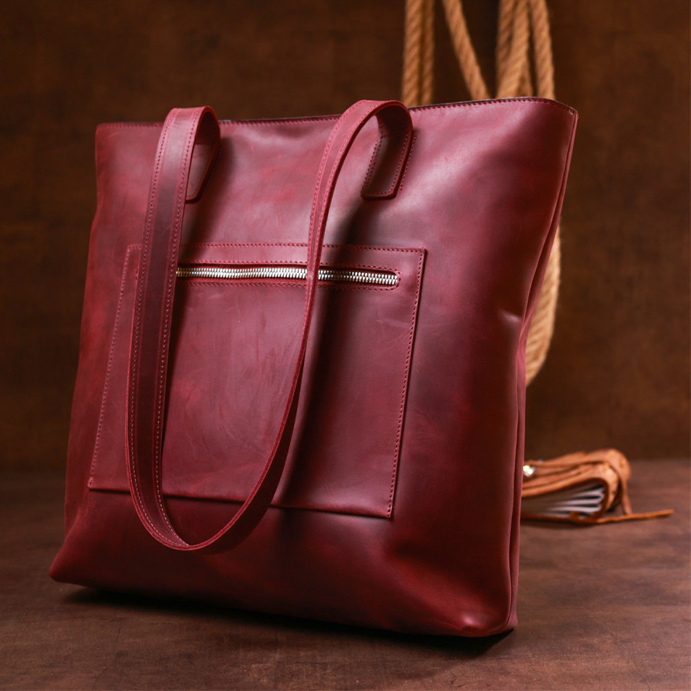 Женская сумка шоппер из натуральной кожи бордовая винтаж Shvigel