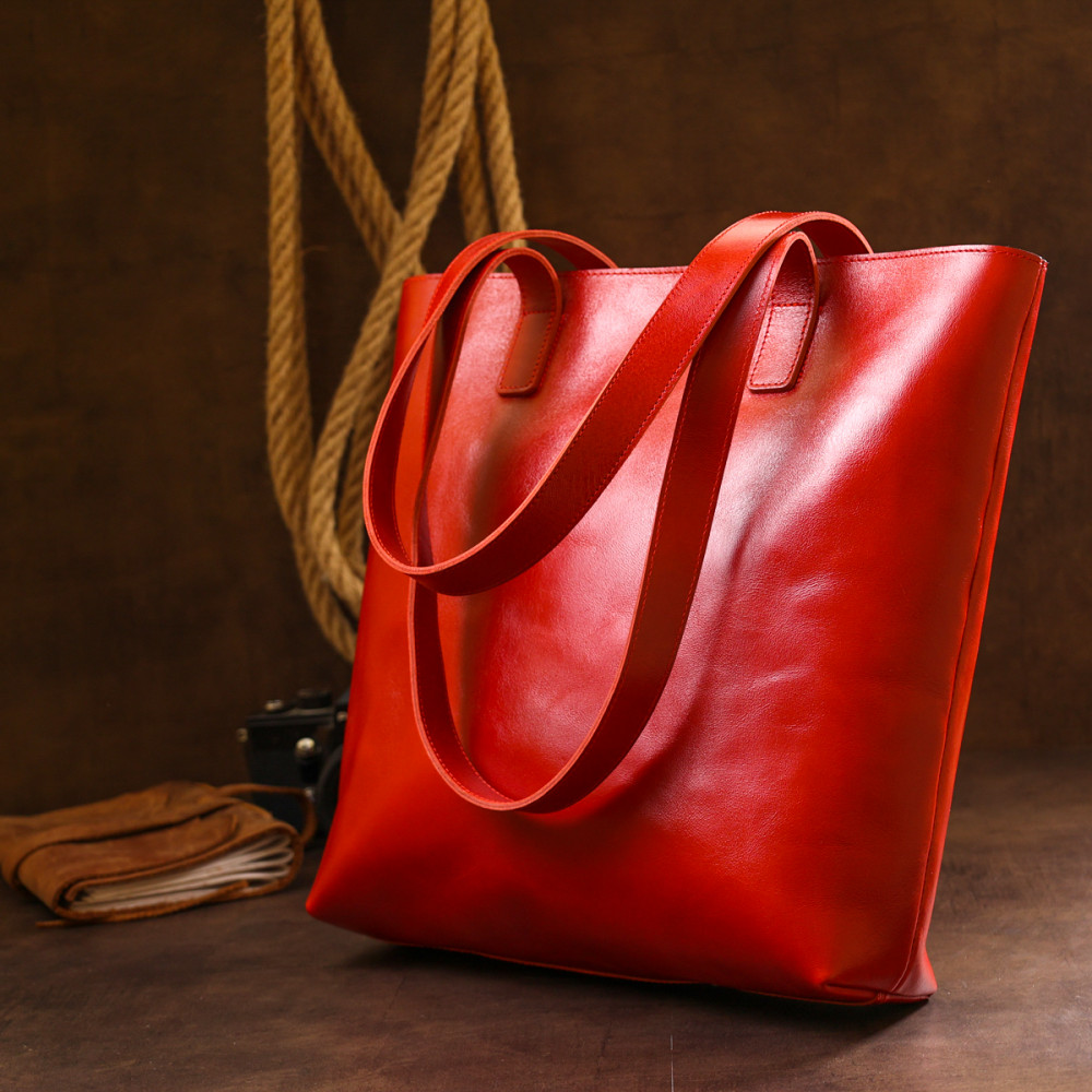 Женская сумка шоппер из натуральной кожи красная гладкая Shvigel