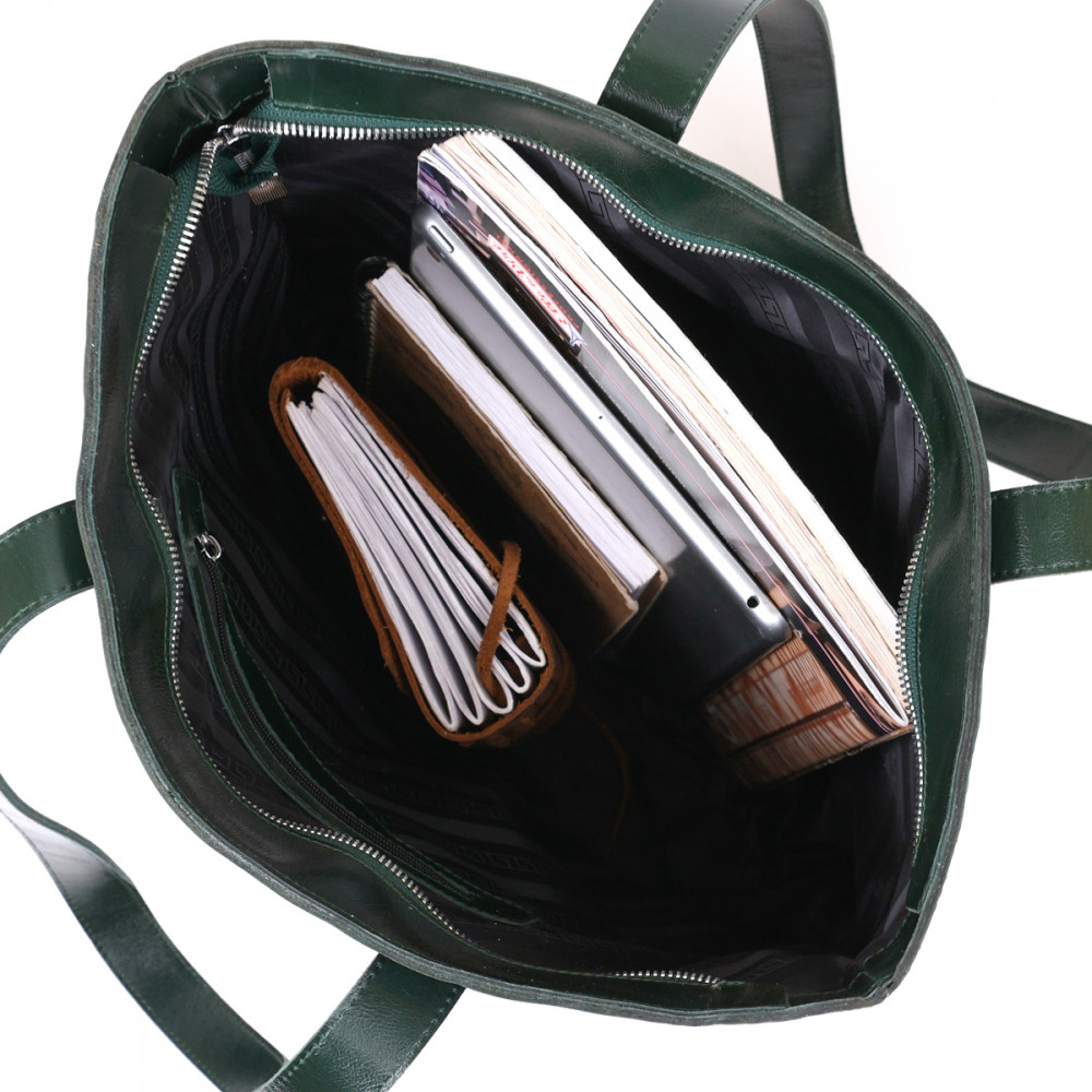 Жіноча сумка шоппер з натуральної шкіри зелена гладка Shvigel