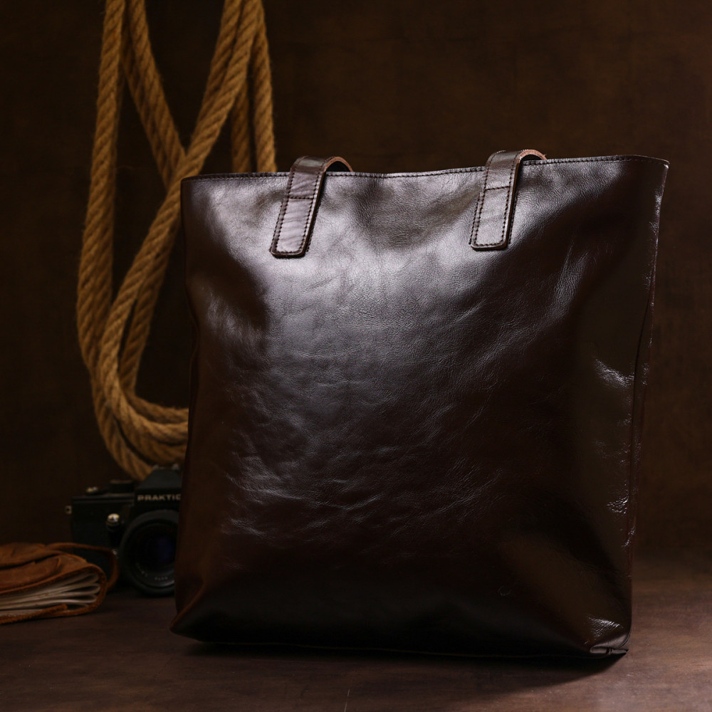 Жіноча сумка шоппер з натуральної шкіри шоколад гладка Shvigel